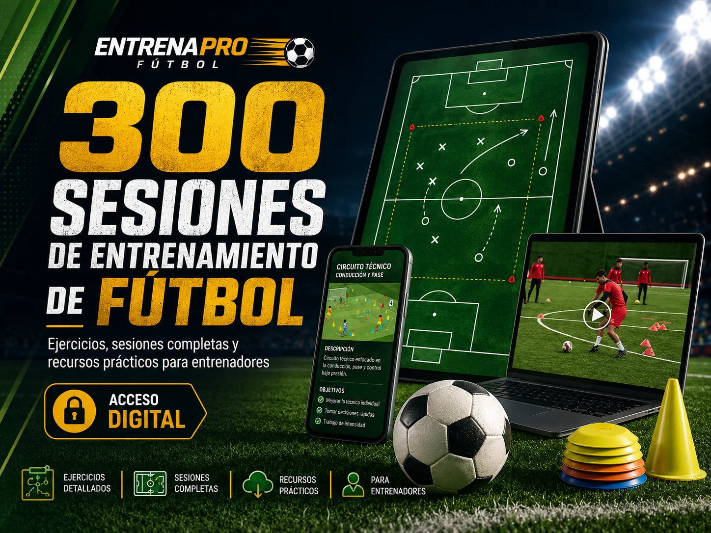 EntrenaPro Fútbol con computadora, tablet, celular, pizarra táctica, balón y material de entrenamiento