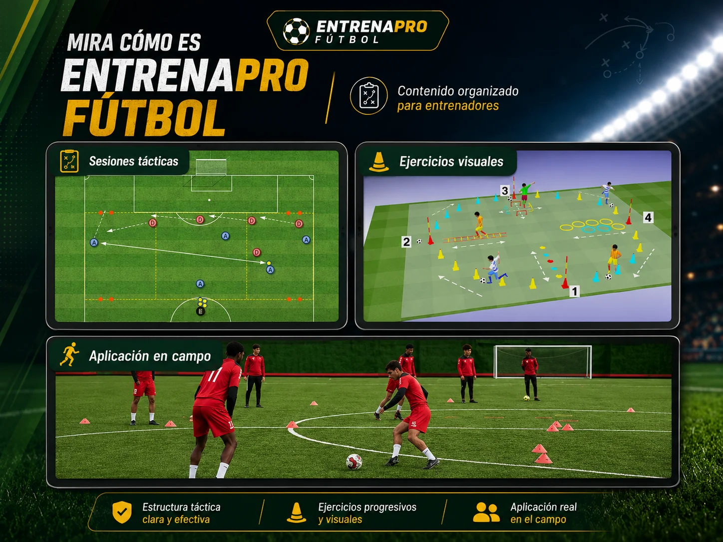 Vista de EntrenaPro Fútbol con sesiones tácticas, ejercicios visuales y aplicación real en el campo